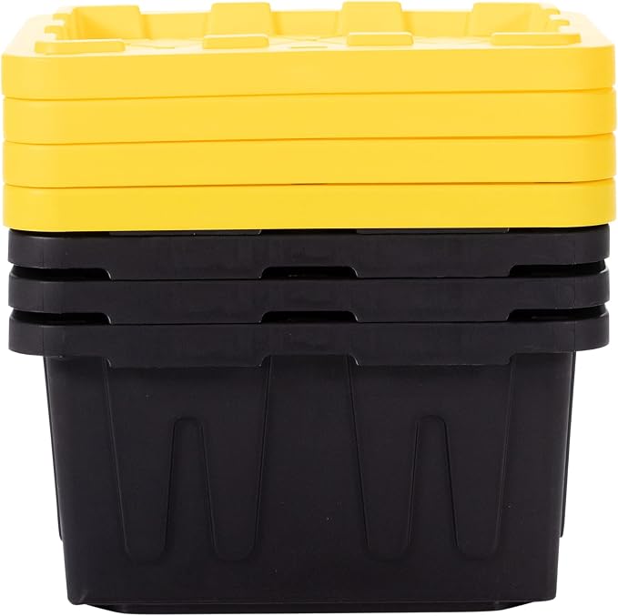 Plastic 5-Gallon Storage Tote with Lockable Lid, Stackable Tough Regular-Duty Bin for Garage, Tools, and Home Organization (4-Pack) - Black and Yellow - Image 7