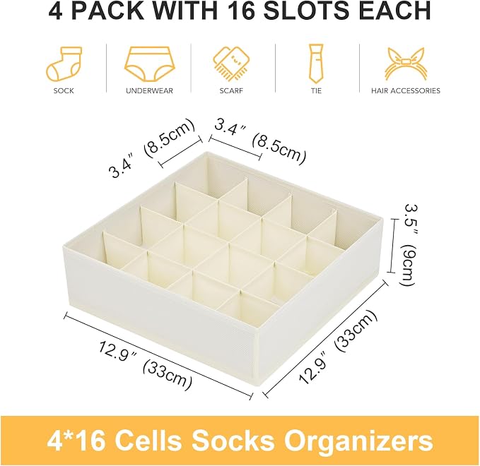 Joyoldelf Sock Drawer Organizer Divider Underwear Organizer 16-cell Fabric Dresser Drawer Organizers Storage Boxes for Socks Lingerie, Handkerchiefs, Ties 4 Pack (Beige) - Image 2