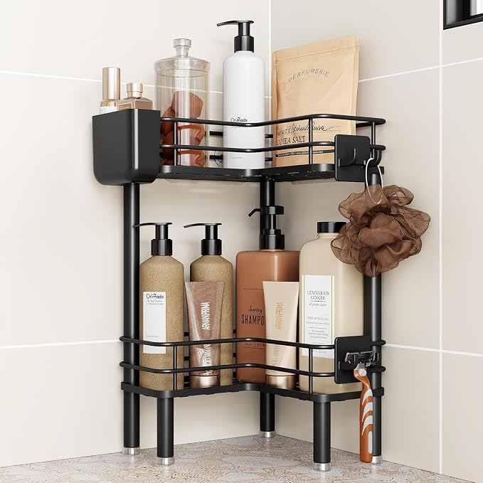Orimade Rustproof 2 Tier Floor Standing Corner Shower Caddy Organizer with Toothbrush Holder, Large Spacing Floor Shower Shelf Rack Storage Stands with Hooks for Bathroom Kitchen, Black by Orimade