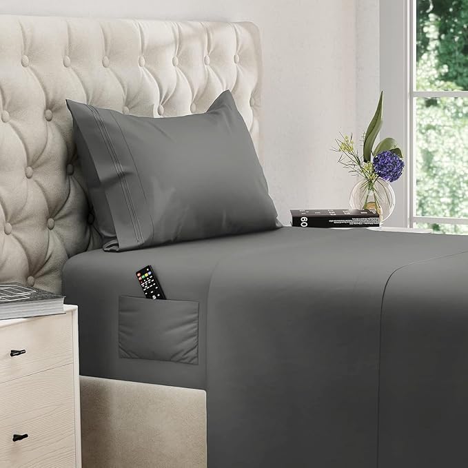 DREAMCARE Twin XL Sheet Sets - 3 pcs Breathable Cooling Bed Sheets - up to 21" Extra Deep Pocket Twin XL Sheets Set with Side Pockets - Extra Soft 100% Brushed Hypoallergenic Hotel Luxury - Dark Gray