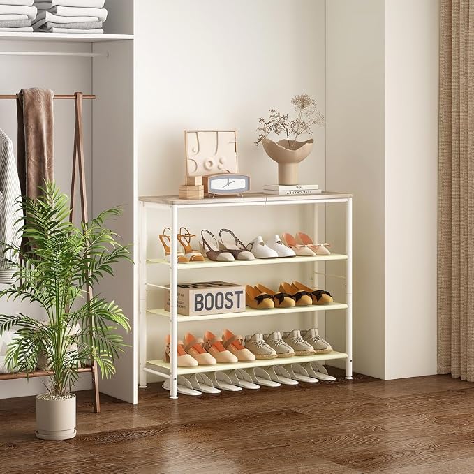 INGIORDAR Shoe Rack Organizer 5 Tier Metal Organizer Shelf with Industrial MDF Board and Layer Fabric for Entryway Closet Bedroom Living Room Garage (White, 4 Tier) - Image 2