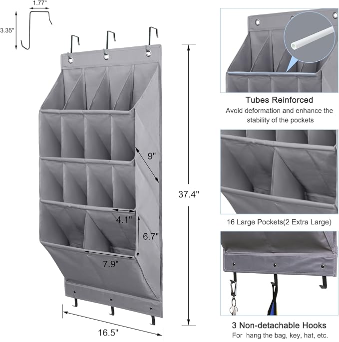 FENTEC 2 Pack Over the Door Shoe Organizer, Hanging Shoe Organizer Rack,24 Large Pockets and 4 Larger Storage Various Compartments with 6 Hooks, Home Accessories, Grey - Image 2