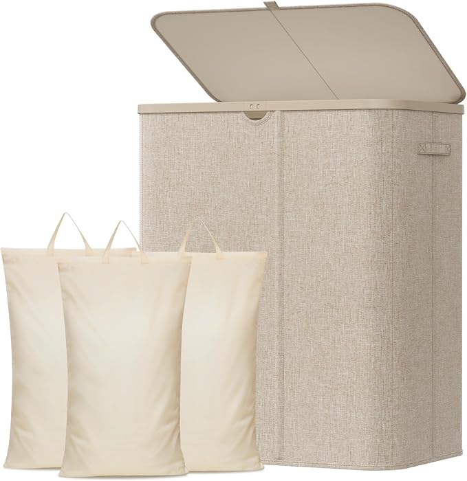 Lifewit 185L Large 3 Section Laundry Hamper with Lid, Plastic Laundry Basket with Bamboo Handles and Removable Bags, Tall Foldable Clothes Hamper for Bathroom Bedroom, Beige by Lifewit