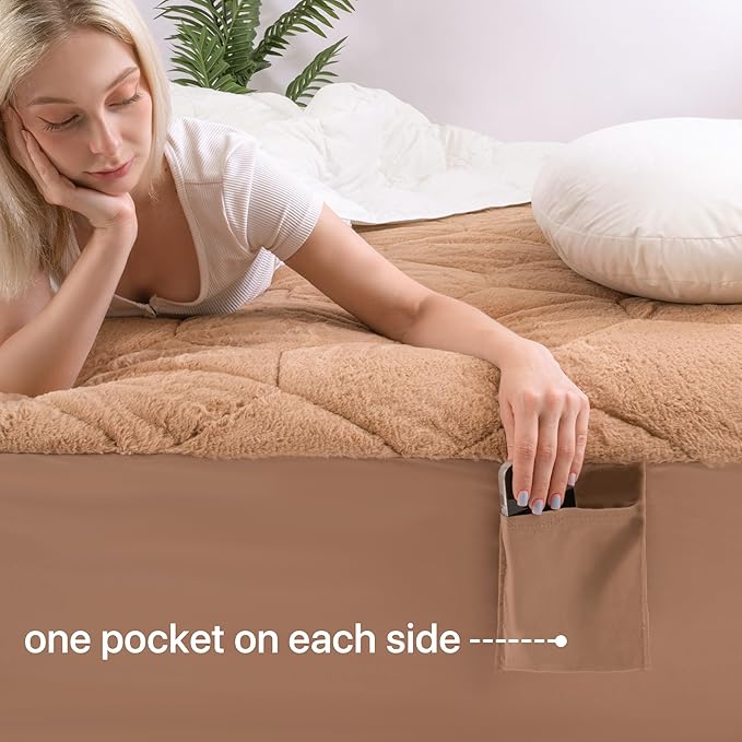 Faux Fur Mattress Pad Quilted Fitted Mattress Cover, Fluffy Warm Soft Breathable Mattress Protector, Mattress Topper with 8-21" Deep Pocket (Khaki, King)