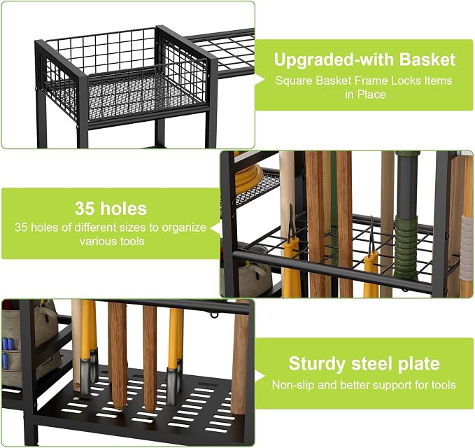 keomaisyto Garden Tool Organizer With Basket - 3 Tier Yard Storage Rack for Garage Organization, Heavy Duty Holder With 35 Long-Handled Slots for Shed, Yard, Garage - Image 2