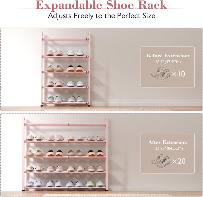 Bumusty 5-Tier Expandable Shoe Rack for Closet, 18“-33” Adjustable Shoe Rack for Small Space, Small Shoe Organizer for Front Door, Sturdy Metal (Pink) - Image 5