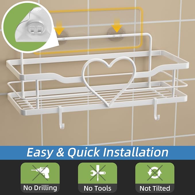 White Shower Caddy with 4 Removable Hooks, 2 Pack Sweet Heart Shower Shelves,No Drilling Adhesive Organizer Shelf for Bathroom Shower,Kitchen,Bedroom - Image 5