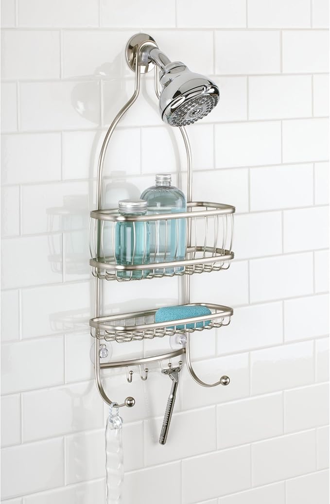 iDesign York Metal Wire Hanging Shower Caddy, Extra Wide Space for Shampoo, Conditioner, and Soap with Hooks for Razors, Towels, and More, 9.75" x 4" x 22", Satin Silver - Image 3