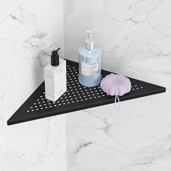 Qeke Bathroom Corner Shelf, Recessed 12" Shower Shelf Caddy, SUS304 Stainless Steel Shelf Wall Mount Triangular, No Drilling, Matte Black by Qeke