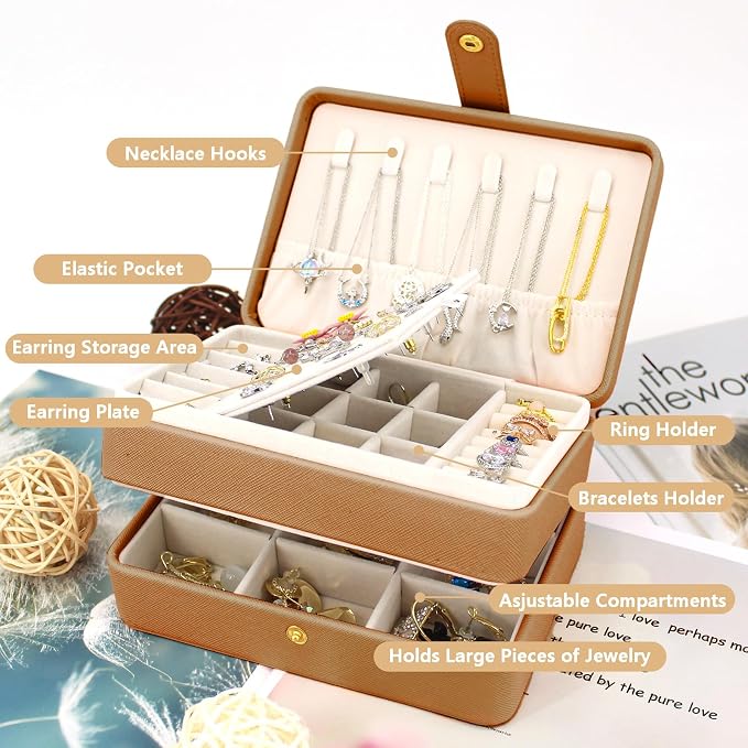 KOOAAICCHI Small Jewelry Box, Travel Jewelry Organizer, Portable Jewelry boxes for Women Girls Gift, Double Layers PU Leather Jewelry Holder for Rings, Earrings, Necklaces-Brown - Image 3