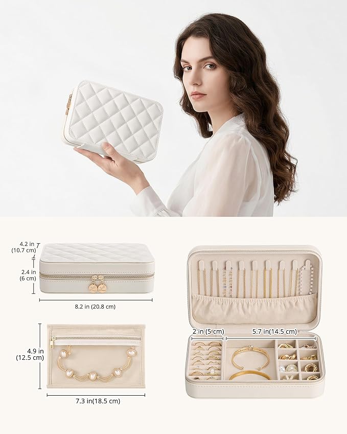 Lolalet Travel Jewelry Case for Women Girls, PU Leather Jewelry Organizer with Clear Storage Bag Small Portable Jewelry Box for Necklace Bracelet Earring Ring Mothers Day Birthday Gifts -Large/Beige - Image 5