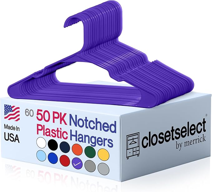 Closetselect Plastic Hangers 50 Pack - Space Saving Clothes Hangers, Made in USA, Durable & Strong Plastic Shirt & Coat Hanger with Notches & Shoulder Grooves, Non-Slip Clothing Hangers | Dark Grape by closetselect