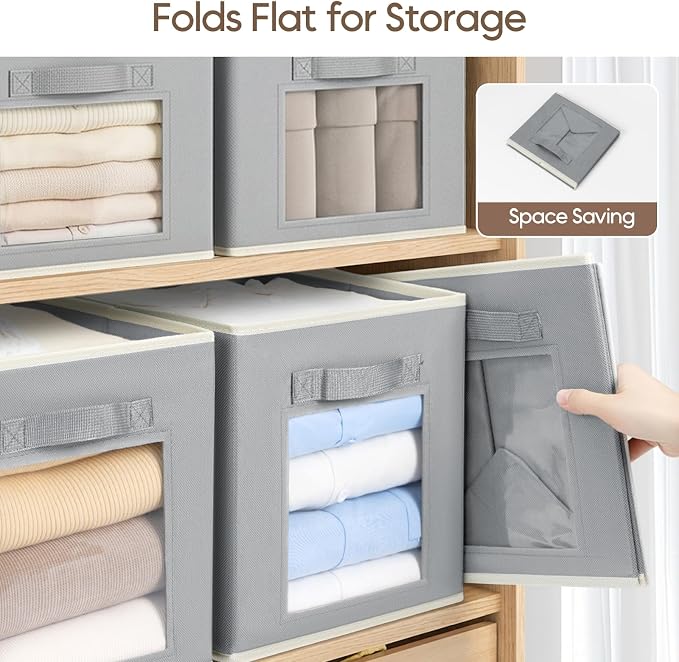 Homsorout Foldable Storage Cubes - Cubby Storage Organizer with Window, Decorative Baskets for Organizing, Fabric Bins for Clothes Storage, Closet Storage Cubes 11inch, Set of 12, Grey - Image 8