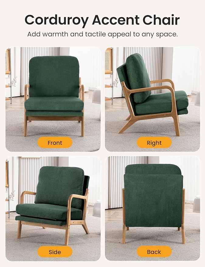 Mid Century Modern Accent Chairs for Living Room, 23” Wide Comfy Chair for Bedroom, Small Cozy Corduroy Reading Chairs for Adults, 108° Lounge Arm Chair Indoor with Detachable Cover, 5.5" Foam Cushion