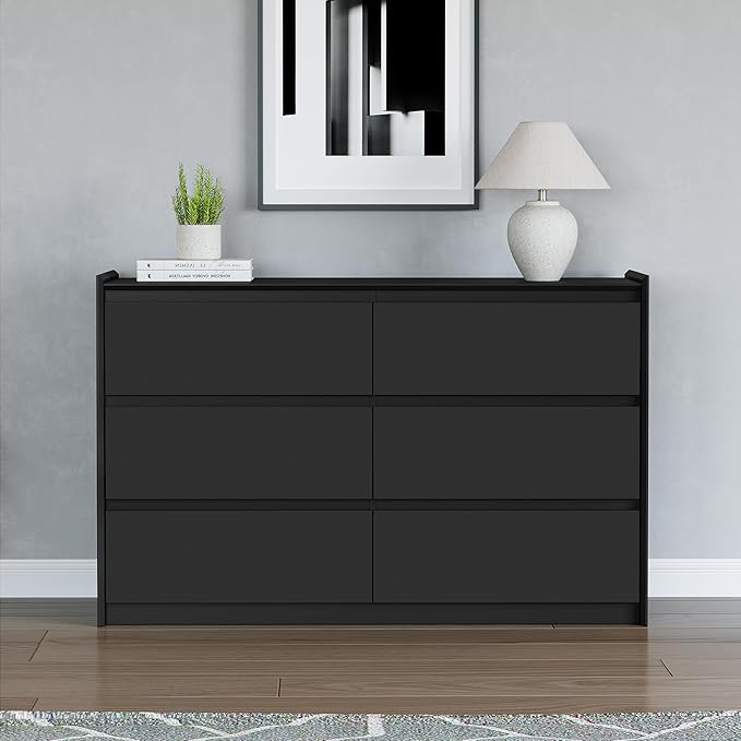 47" Black Dresser for Bedroom, Modern Long Wooden 6 Drawer Dresser, Sturdy Wood Chest of Drawers with Anti-Tip Kit, Handle-Free Horizontal Cabinet for Master Room, Matte Black