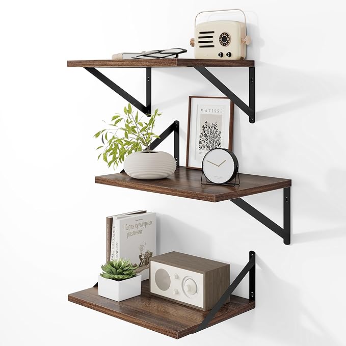Heimlove Deep Floating Shelves for Wall, 12 Inch Deep Floating Shelves Set of 3, 16W x 12D Wood Wall Shelves, Wide Wood Shelves with Metal Bracket for Living Room, Kitchen, Office, Bedroom - Walnut by Heimlove