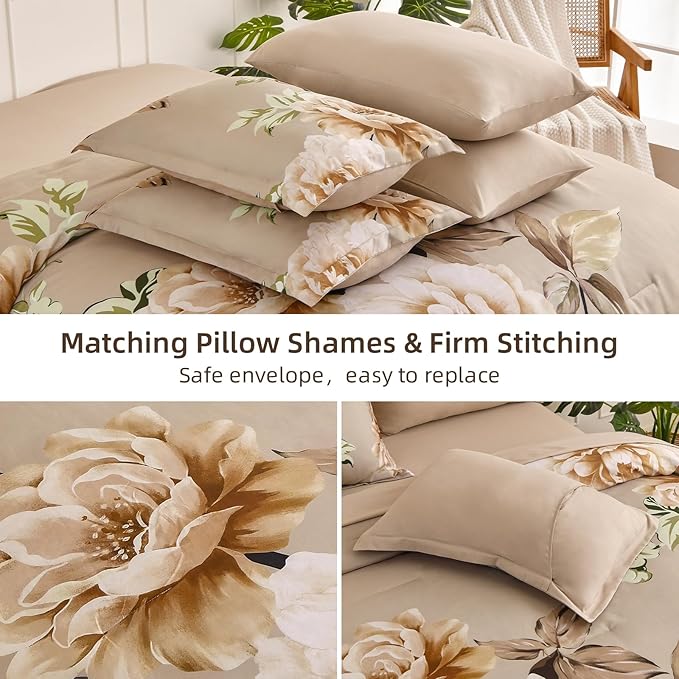 Drucon Floral Comforter Set Queen Size 7 Pieces Bed in a Bag, Khaki Floral Bedding Set, Soft Microfiber Comforter and Sheet Set for All Season (Queen, 90"x90")