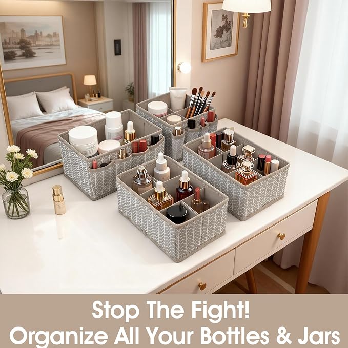 VERONLY Cosmetic Storage Bins Makeup Organizer, Adjustable Multifunction Storage Box Desk Drawer Divider for Makeup Brushes, Bathroom Countertop or Dresser, Set of 4 (Grey) - Image 6