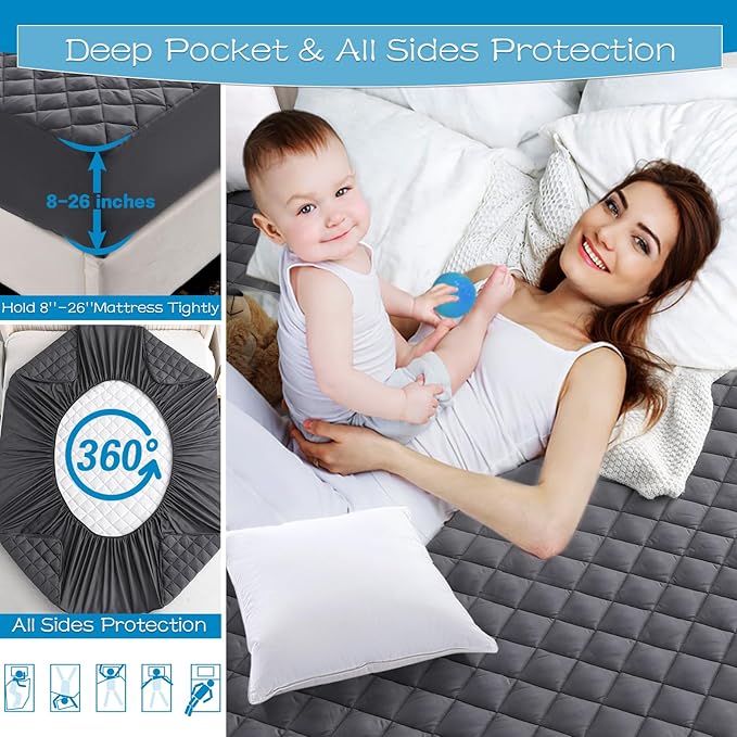 GRT King Size Grey Quilted Fitted Mattress Pad, 100% Waterproof Breathable Mattress Protector, Noiseless Hollow Cotton Mattress Topper, Fitted 8"-26" Deep, Dust Proof