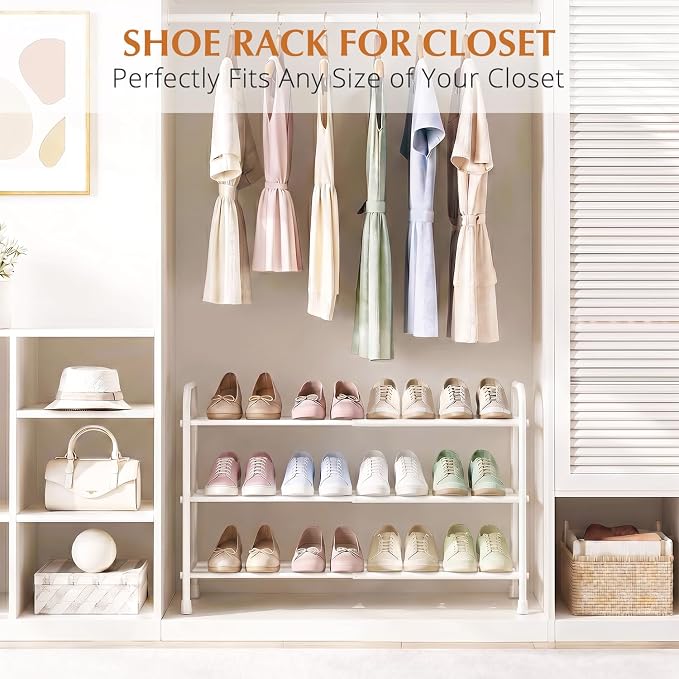 INSMART 3-Tier Expandable Shoe Rack, Stackable and Adjustable Shoes Organizer Storage Shelf, Sturdy and Durable Metal Structure Free Standing Shoe Rack for Closet Entryway Doorway, White - Image 4