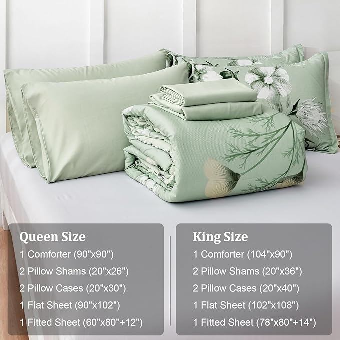Luxudecor Floral Comforter Set Queen Size 7 Piece, Sage Green Flower Bed in a Bag, Elegant Floral Comforter with Sheet Set, Soft Seersucker Microfiber Bedding Set (Sage Green, 90"x90")