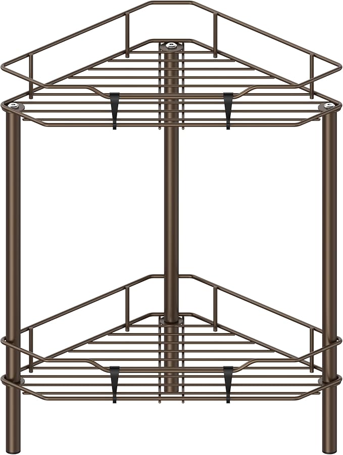 HuggieGems 2 Tier Floor Standing Corner Shower Caddy Organizer Shelf with Hooks, Bathroom Shelves Stand Rack, Bronze by HuggieGems