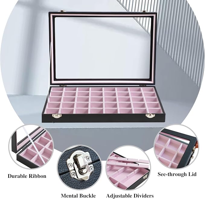 Stratalife Jewelry Organizer 40 Grid Pink Black Jewelry Tray with Clear Dust-proof Lid Velvet Earring Organizer Necklace Rings Holder Display Drawer Storage Case for Women - Image 2