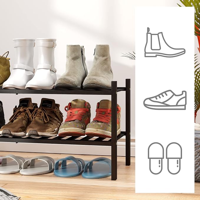 viewcare 2-Tier Black Bamboo Shoe Rack for Entryway, Stackable | Foldable | Natural, Shoe Shelf Storage Organizer for Hallway Closet, Free Standing Shoe Racks for Indoor Outdoor - Image 4