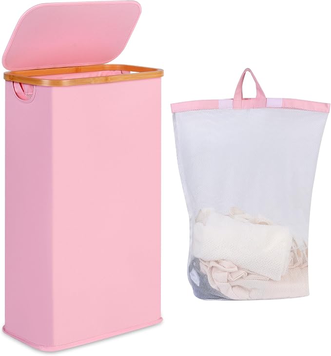 iEGrow 65L Slim Laundry Hamper, Narrow Laundry Basket with Lid,Foldable Clothes Hamper with Bamboo Handles,Hamper Basket with Removable Inner Bag for Laundry Room Bedroom College Dorm,17.17 Gals Pink by iEGrow