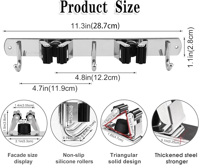 2 Racks and 3 Hooks Broom and Mop Holder Wall Mounted Garage Organizer Storage Tool Racks Stainless Steel Heavy Duty Hooks Self Adhesive Solid Non-slip Wall Hangers for Home Kitchen Garden Laundry - Image 3