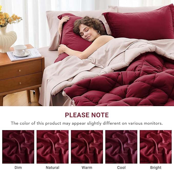 MUXHOMO 5 Pieces Twin Comforter Set, Reversible Bed in a Bag Twin Size, All Season Bedding Set with Comforter, Flat Sheet, Fitted Sheet, Pillowcases & Shams, Burgundy & Rose Gold