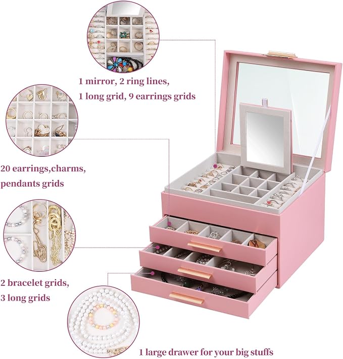 BOOVO Clear Lid Jewelry Box,4 Layers Jewelry Organizer Large Jewelry Storage Box with 3 Drawers,Jewelry Holder Organzier of Rings Earrings Necklace Bracelets for Women (Pink, 4 Layer) - Image 5