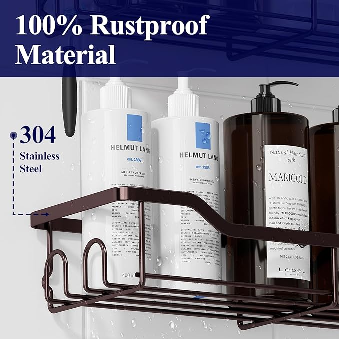 Kitsure Shower Caddy Large - Adhesive Shower Organizer, Stainless Steel Shelf for Inside Shower, No Drill Bathroom Organizers and Storage, Home Decor Accessories, 2 Pack, Brown - Image 3