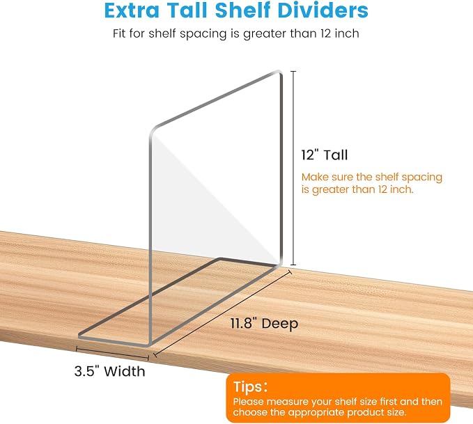 OKPOW Shelf Dividers Closet Organizer - 12" Tall X 11.8" Deep Acrylic Clear Sturdy Separate for Clothes Purse - Adjustable Space Saver Easy Install for Home Organization Enthusiasts 4 Pack - Image 3