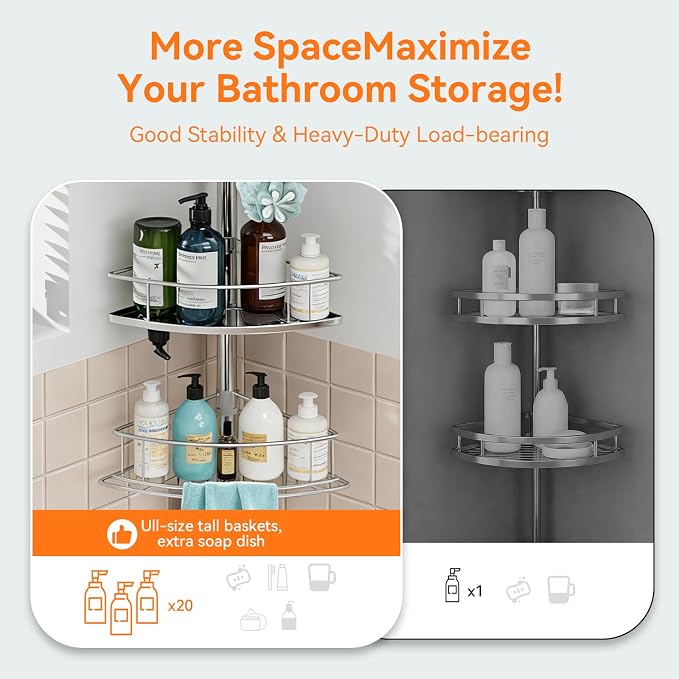 Corner Shower Caddy Tension Pole Rustproof, 4 Tier Adjustable Shower Organizer Tension Pole, 25-125 Inch Bathroom Shower Organizer for Bathtub Shampoo Storage, Silver - Image 4