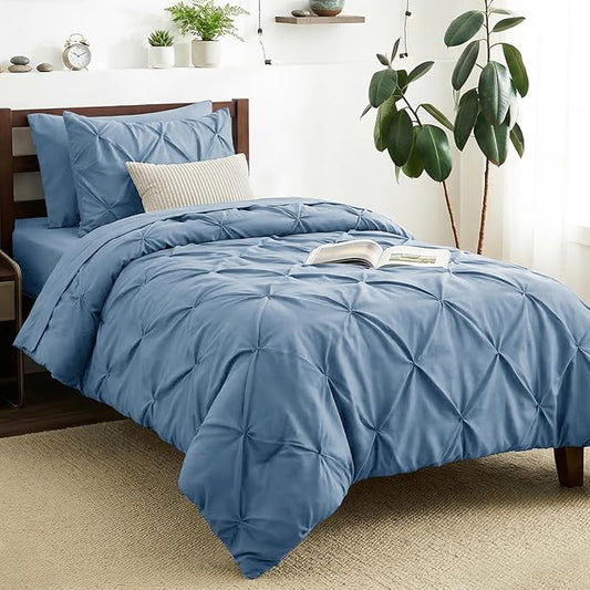 CozyLux Twin Comforter Set with Sheets Grayish Blue, 5 Pieces Pintuck Bed in A Bag, Twin Bed Set for Family, Pinch Pleat Bedding Set with Comforter, Sheets, Pillowcase & Sham