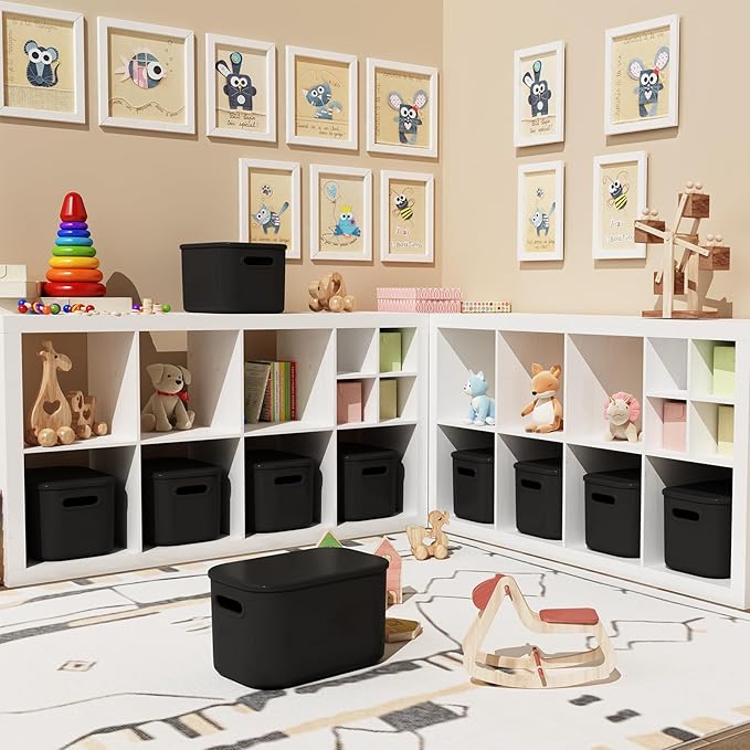 ORGIDOL 8 Pack Black Storage Bins with Lids Stackable Storage Container for Organizing, Black Storage Boxes with Handle for Shelves, Cute Organizer Bins for Craft, Snacks, 9.85x6.9x5.7 inch - Image 2