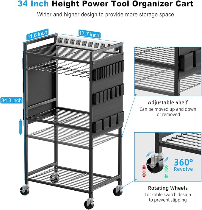 JUNNUJ Large Power Tool Organizer Cart with Charging Station, Garage Floor Standing Rolling Drill and Tools Battery Storage Cart on Wheels, Heavy Duty Rack Shelf with 8 Outlet Power Strip, Black - Image 5
