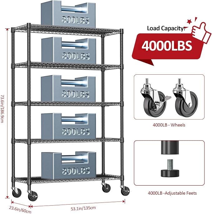 IZEUK Garage Shelving Wide Storage Shelves 5 Tier Metal Shelves 4000 LBS Heavy Duty Adjustable Utility Shelf Rack Black 23.6" D x 53.1" W x 73.6" H - Image 6