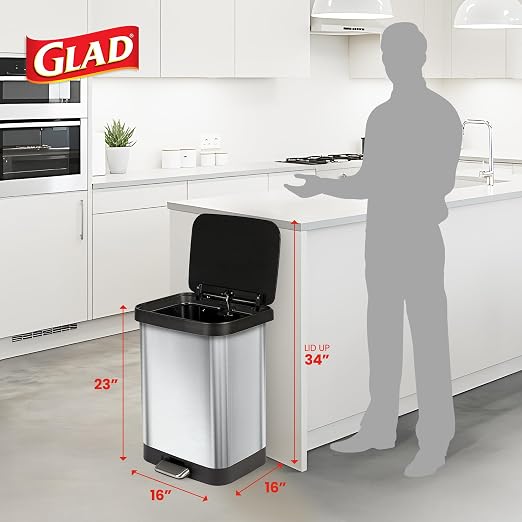 Glad GLD-74506 Stainless Steel Step Trash Can with Clorox Odor Protection | Large Metal Kitchen Garbage Bin with Soft Close Lid, Foot Pedal and Waste Bag Roll Holder, 13 Gallon, Stainless - Image 2