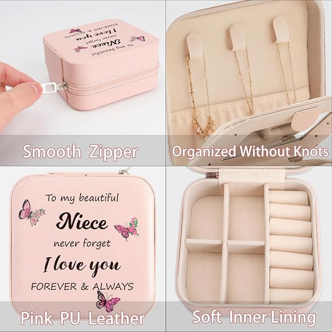Niece Gifts Pink Butterfly Jewelry Box for Nieces Birthday Gifts Christmas Valentines Mothers Day Gift for Nieces from Aunt Uncle Niece Graduation Gift Portable Travel Jewelry Display Case - Image 5