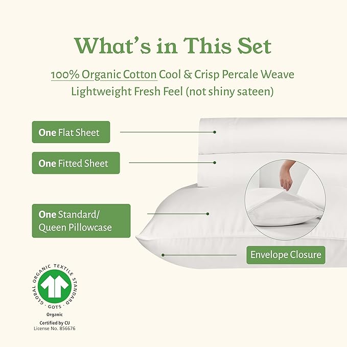 California Design Den Twin Bed Sheets Set - Soft 100% Organic Sheets with Deep Pockets, Crisp Cotton Percale, Breathable and Durable Bedding Set - True Ivory