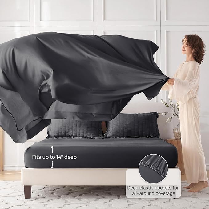 MUXHOMO 7 Pieces California King Comforter Set, Seersucker Bed in a Bag Cal King Size, All Season Luxury Bedding Set with Comforter, Flat Sheet, Fitted Sheet, Pillowcases & Shams, Dark Grey