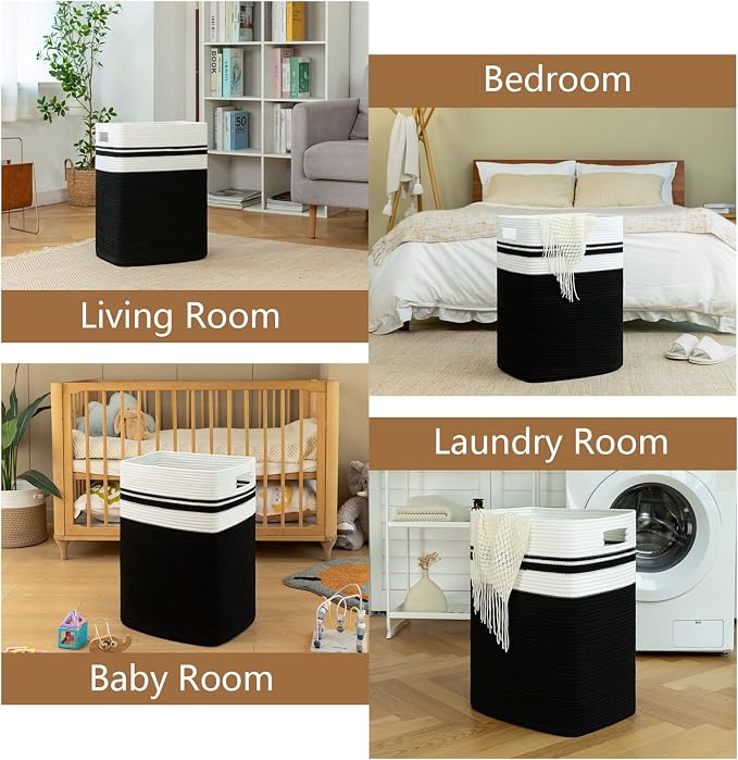 OIAHOMY Laundry Hamper-Laundry Basket,Tall Cotton Storage Basket with Handles,Decorative Blanket Basket for Living room,Collapsible Large Basket for Toys,Pillows,Clothes Organizer-16x13x22in-Black - Image 6