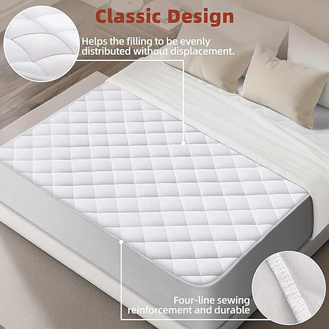 Queen Mattress Pad, Deep Pocket Quilted Premium Mattress Protector, Anti-Shift Design, Extra Elastic Strap, Soft Breathable & Noiseless Mattress Cover, Fit up to 22" (60x80 Inches, White)