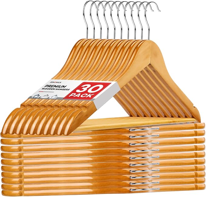 Wooden Hangers 30 Pack, Heavy Duty Wood Hangers for Coats, Suits, Jackets, Closet & Pants Durable Premium Wood Hangers with 360-Degree Rotatable Hook and Notches, Natural by Zenowick
