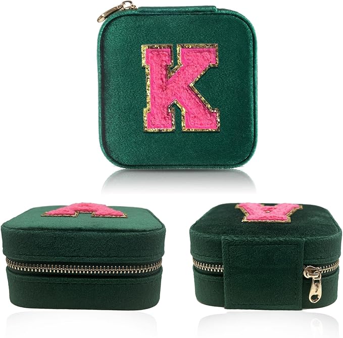 Personalized Velvet Travel Jewelry Case Box For Women Ring Necklace Earring Holder Organizer with Mirror Green Girls Box Birthday Gifts Mom Initial K - Image 2