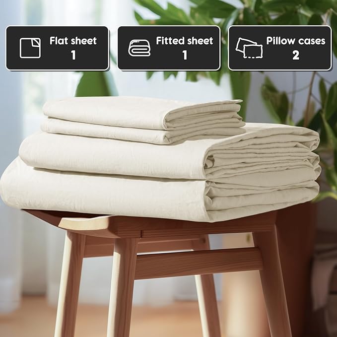 SONORO KATE 100% French Pure Linen Sheets, Extra Deep Pocket up to 18"-24", Breathable and Durable Linen Sheets, Anti-Tear Linen Bed Sheets, Machine Washable - 4 Piece (Cream, Queen(24" deep))