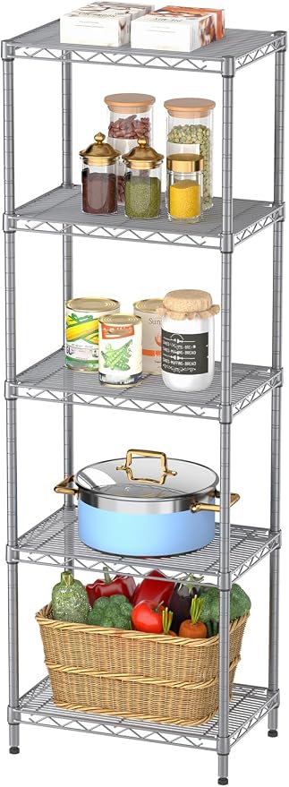 SINGAYE 5 Tier Shelf Wire Shelving Adjustable Storage Shelves Rack Standing Units for Kitchen Closet Laundry Bathroom Organizers Metal Pantry Narrow Mesh Gaps 10" D x 16" W x 55" H Gray by SINGAYE