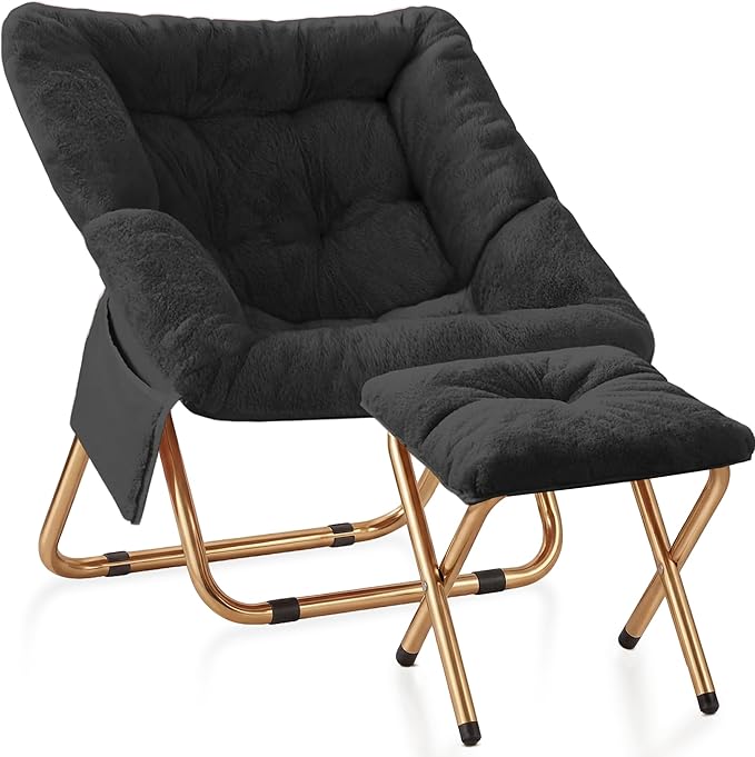 Kasunpul Comfy Saucer Chair, Foldable Living Room Chairs, Soft Faux Fur Lounge Chair for Bedroom, Reading Chairs for Adults,Teens, X-Large (Black)